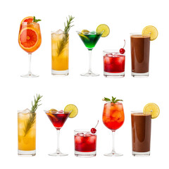 Collection of refreshing cocktails with garnishes