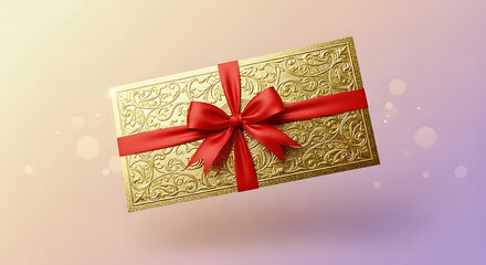 Elegant golden gift box with a red ribbon bow for a special occasion, floating on a festive bokeh background