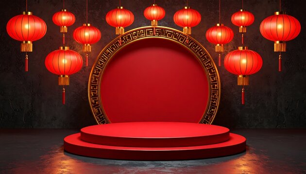 Red Podium with Glowing Lanterns and Ornate Gold Circle on Dark Background