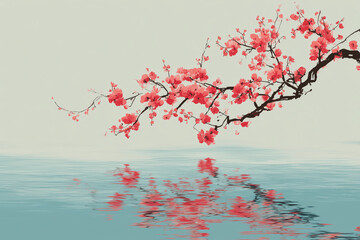 Sumi-e style ink painting of a delicate cherry blossom branch over still water, symbolizing fleeting thoughts, mindfulness, and inner calm, traditional Japanese brush strokes,japaneese sakura