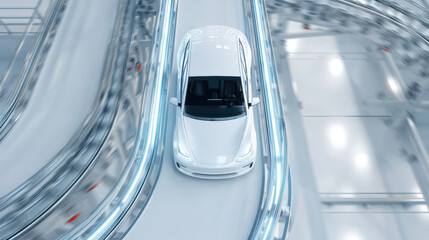 Obraz premium Modern white EV cars on the production line in a modern factory. Top View. 3D Illustration.
