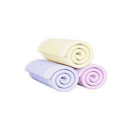 Fabric kitchen towel rolls lying in stack. Render cartoon set of color bath towels for bathroom, shower or toilet. Cloth napkins or handkerchiefs isolated on blue background