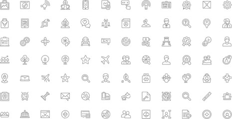 A collection of various outline icons arranged in a grid pattern on a plain white background design