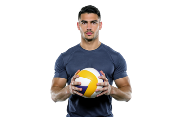 Confident male athlete holding volleyball with pride looking serious, isolated background