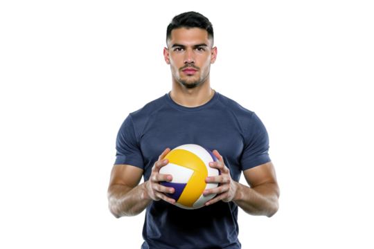 Confident male athlete holding volleyball with pride looking serious, isolated background