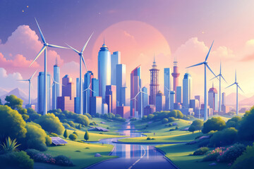 Futuristic eco friendly cityscape with wind turbines and green parks under pink sunset sky, showcasing sustainable urban development and renewable energy sources