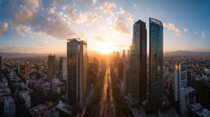 Fototapeta premium Stunning aerial view of a city skyline at sunset with skyscrapers and vibrant colors.