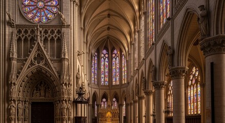 Fototapeta premium Grand cathedral interior with stained glass windows, arches, columns