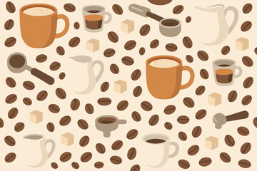 Obraz premium Coffee beans and cups create a cozy pattern perfect for a coffee lover's kitchen or cafe decor