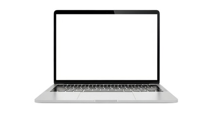 Front view of a sleek, modern silver laptop with a blank white screen, isolated on a pure white background.