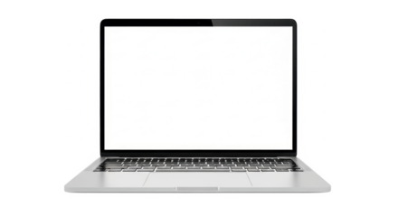 Front view of a sleek, modern silver laptop with a blank white screen, isolated on a pure white background.
