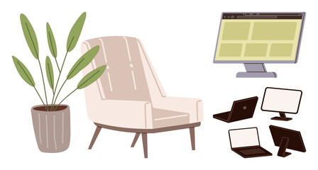 Fototapeta premium Armchair beside potted plant, with desktop monitor, laptop, and screens nearby. Ideal for remote work, productivity, technology, ergonomics, comfort modern lifestyle simple flat metaphor
