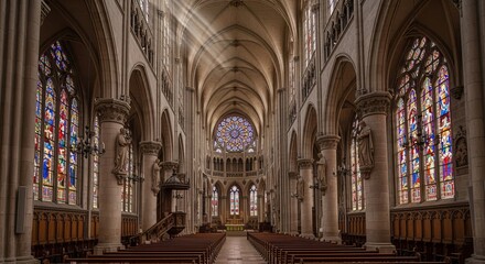 Obraz premium Cathedral Interior with Stained Glass Windows and Sunlight Streaming Through the Arches, Creating a Spiritual and Serene Atmosphere