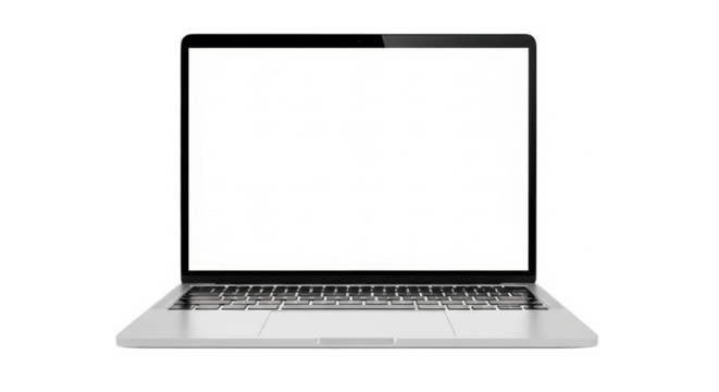 Front view of a sleek, modern silver laptop with a blank white screen, isolated on a pure white background.