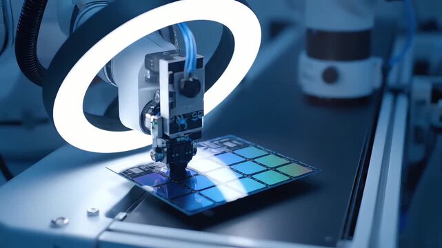 Robotic arm inspecting a silicon wafer on a conveyor belt, a concept of automated semiconductor manufacturing and quality control.