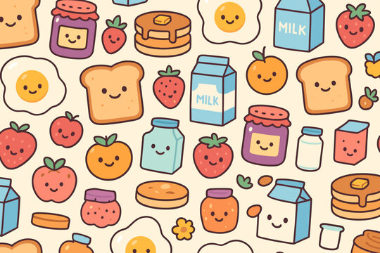 Colorful breakfast food pattern featuring pancakes, fruits, and dairy on a light background