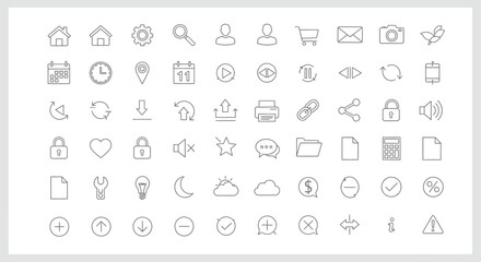 Collection of various thin line icons representing different functions and symbols on a white background