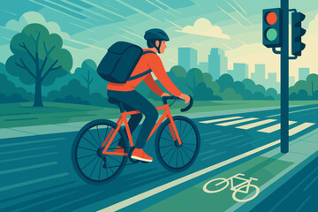 Fototapeta premium Cyclist waiting at a traffic light in a vibrant urban environment during a sunny day