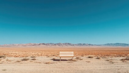 Empty wooden bench in vast desert landscape