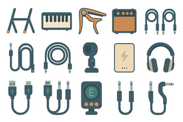 Fototapeta premium Musical equipment and accessories layout for recording and performance setups in a creative workspace