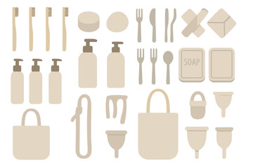 Obraz premium Sustainable bathroom essentials including bamboo toothbrushes, soap, and reusable bags arranged neatly