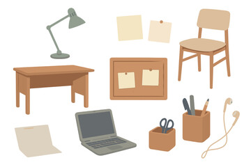 Workspace setup with desk, chair, laptop, and stationery items for productive environment design