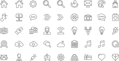 A collection of various line art icons arranged in a grid pattern on a plain white background design
