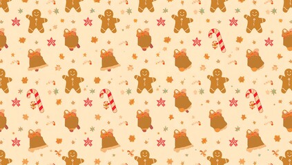 A festive pattern featuring gingerbread men candy canes bells and stars on a light beige background
