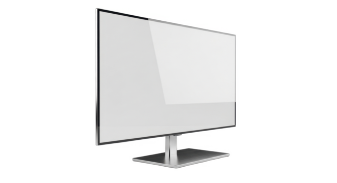 A modern widescreen computer monitor with a blank, glossy white screen, isolated on a white background.