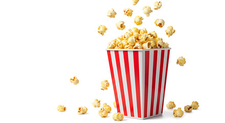 bucket of popcorn, Popcorn flying out of red white striped paper box isolated on white, transparent background, PNG, with copy space. Splash, levitation of popcorn grains., box of popcorn