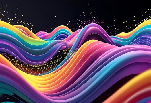vibrant rainbow ribbon waves, sparkling golden particles, digital art, surreal style, deep shadows