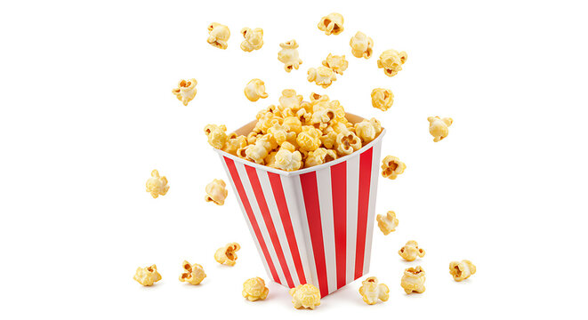 bucket of popcorn, Popcorn flying out of red white striped paper box isolated on white, transparent background, PNG, with copy space. Splash, levitation of popcorn grains., box of popcorn