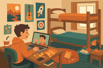 Student engaged in online video call from a cozy bedroom featuring bunk beds and snacks in a vibrant setting