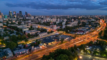 aerial view of warsaw in the evening in summer with busy avenue