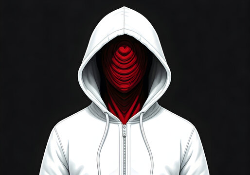 A figure in a white hoodie reveals a chilling red swirling abyss where a face should be perfect for unsettling digital art dark wallpapers and abstract horror themes