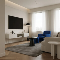 Fototapeta premium Modern Living Room with Minimalist Furniture and Soft Lighting