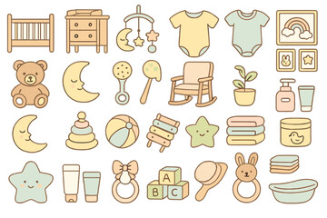 Cute nursery items and baby essentials arranged in a playful layout featuring toys, clothes, and decorations