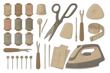 Crafting materials and tools displayed on a flat surface for sewing projects in a creative workspace