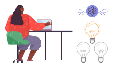 Woman working on tablet at desk, surrounded by innovation symbols atom icon and light bulbs. Ideal for creativity, technology, education, brainstorming, research, science progress. Simple flat