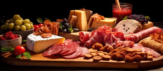 Fototapeta premium varied_types_of_processed_meats_cheeses_fruits_and_other_food,large_collection_of_high_quality_food_ingredients_and_products,food_photography_style_lighting_and_composition,dramatic_low_key_moody_ligh