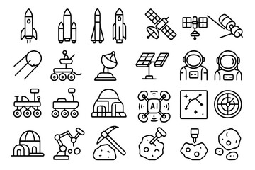 Fototapeta premium Set of Outline Space Exploration Icons Including Rockets, Satellites, Astronauts, Rovers, Telescopes, and Asteroids on Metallic Background