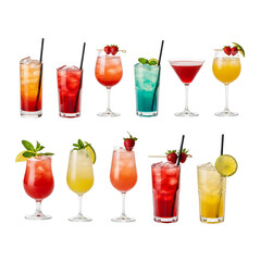 A colorful collection of refreshing alcoholic cocktails on a white background