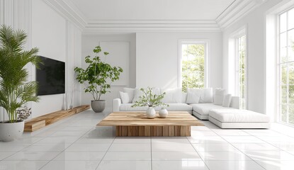 Fototapeta premium Bright, minimalist living room with white walls and furniture
