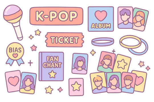 Colorful K-Pop themed decorations featuring concert tickets, albums, and fan items for an energetic fan event