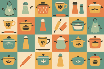 Colorful kitchenware pattern featuring pots, cups, and rolling pins designed for home cooking enthusiasts