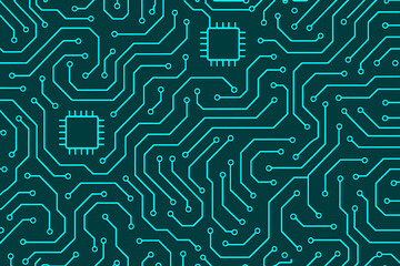 Detailed circuitry design featuring multiple chips and complex paths on a dark background for technology enthusiasts and developers