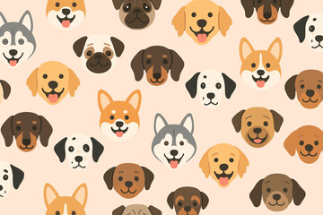 Obraz premium Variety of dog faces in a playful pattern on a soft background showcasing different breeds and expressions