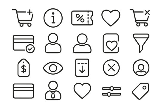 Collection of diverse icons representing shopping activities and online interactions in a minimalist design