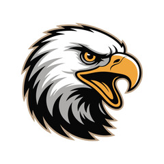 A fierce bald eagle head with a powerful stare, created as a dynamic sports team mascot logo, vector illustration design