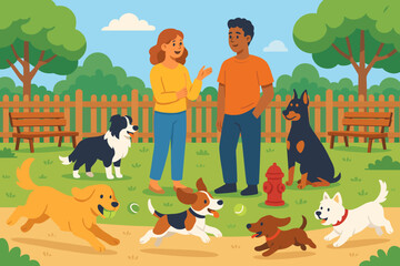 Fototapeta premium Happy dog owners are enjoying time at a vibrant park filled with playful dogs and lush greenery on a sunny day